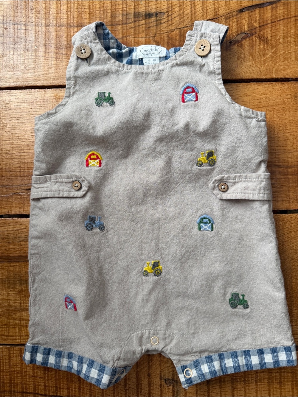 Mud Pie Beige Romper with Colorful Farm Embroidery